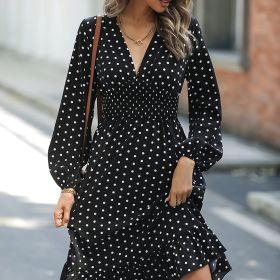 Retro V-neck Ruffle Dress; Polka Dot Print Long Sleeve Waist Loose Summer Dresses; Women's Clothing (Color: Black, size: XL(12))