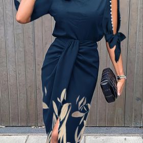 Elegant Beaded Dress; Casual Floral Print Cutout Half Long Sleeve Loose Fashion Midi Dresses; Women's Clothing (Color: Sea Blue, size: M(6))