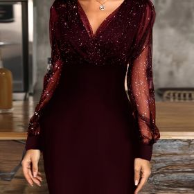 Solid Sequin Stitching Lace Long Sleeve Dress; Elegant Mesh Slim Sexy Party Dress; Women's Clothing (Color: Claret, size: L(8/10))