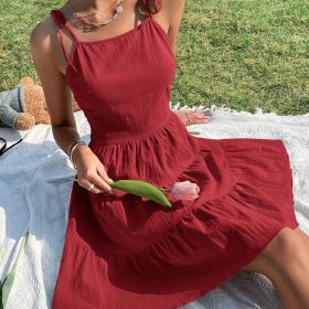 Solid Backless Pleated Cami Dresses; Spaghetti Strap Solid Vacation Dress; Women's Clothing (Color: Claret, size: M(6))