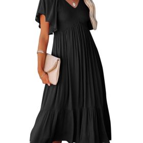 Women's Dresses Summer V-Neck Ruched Ruffle Sleeve Bohemian Dresses (Color: Black, size: M(6))