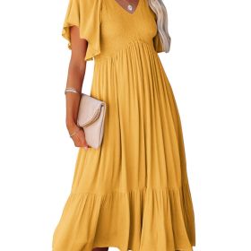Women's Dresses Summer V-Neck Ruched Ruffle Sleeve Bohemian Dresses (Color: Yellow, size: XXL(14))