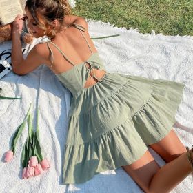Solid Backless Pleated Cami Dresses; Spaghetti Strap Solid Vacation Dress; Women's Clothing (Color: Matcha Color, size: S(4))