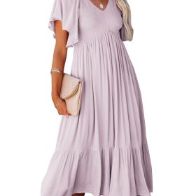 Women's Dresses Summer V-Neck Ruched Ruffle Sleeve Bohemian Dresses (Color: Purple, size: S(4))
