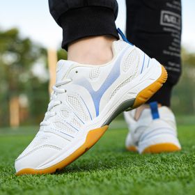 New super light breathable couple badminton shoes Fashion comfortable men's sports shoes tennis shoes (Color: White and blue, size: 46)