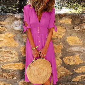 Deep V-Neck Summer Dress Woman Short Sleeve Solid Lace Up Button Tunic Long Dresses For Women 2021 Loose Casual Plus Size 5XL (Color: Purple, size: XL)