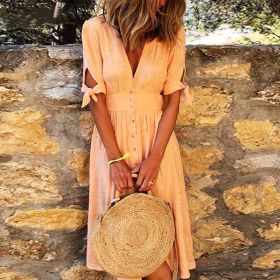 Deep V-Neck Summer Dress Woman Short Sleeve Solid Lace Up Button Tunic Long Dresses For Women 2021 Loose Casual Plus Size 5XL (Color: Orange, size: M)