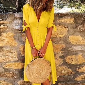 Deep V-Neck Summer Dress Woman Short Sleeve Solid Lace Up Button Tunic Long Dresses For Women 2021 Loose Casual Plus Size 5XL (Color: Yellow, size: XL)