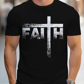Men's Faith Pattern Printed T-shirt, Short Sleeved Round Neck T-shirt, Summer Outdoor Men's Clothing (Color: Black, Szie: 2XL)