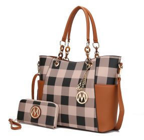 MKF Collection Bonita Checker Tote Handbag & Wallet Set Women by Mia K (Color: Cognac Brown, Material: Vegan Leather)