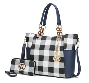 MKF Collection Bonita Checker Tote Handbag & Wallet Set Women by Mia K (Color: NAVY, Material: Vegan Leather)