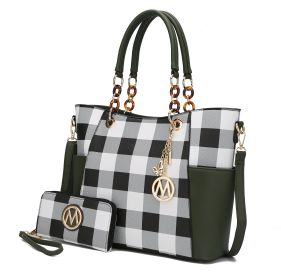 MKF Collection Bonita Checker Tote Handbag & Wallet Set Women by Mia K (Color: Olive, Material: Vegan Leather)