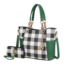 MKF Collection Bonita Checker Tote Handbag & Wallet Set Women by Mia K (Color: Green, Material: Vegan Leather)