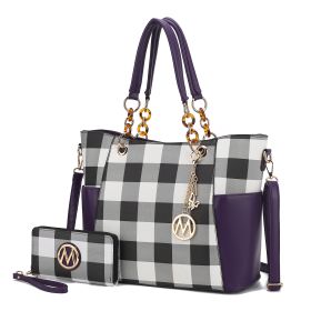 MKF Collection Bonita Checker Tote Handbag & Wallet Set Women by Mia K (Color: Purple, Material: Vegan Leather)