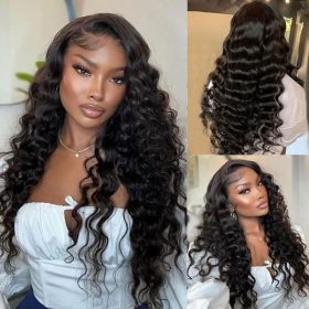 Deep Wave Lace Front Wig Human Hair Density 13x4 Loose Deep Wave HD Lace Front Wig Black Female (Option: Black-32inch)